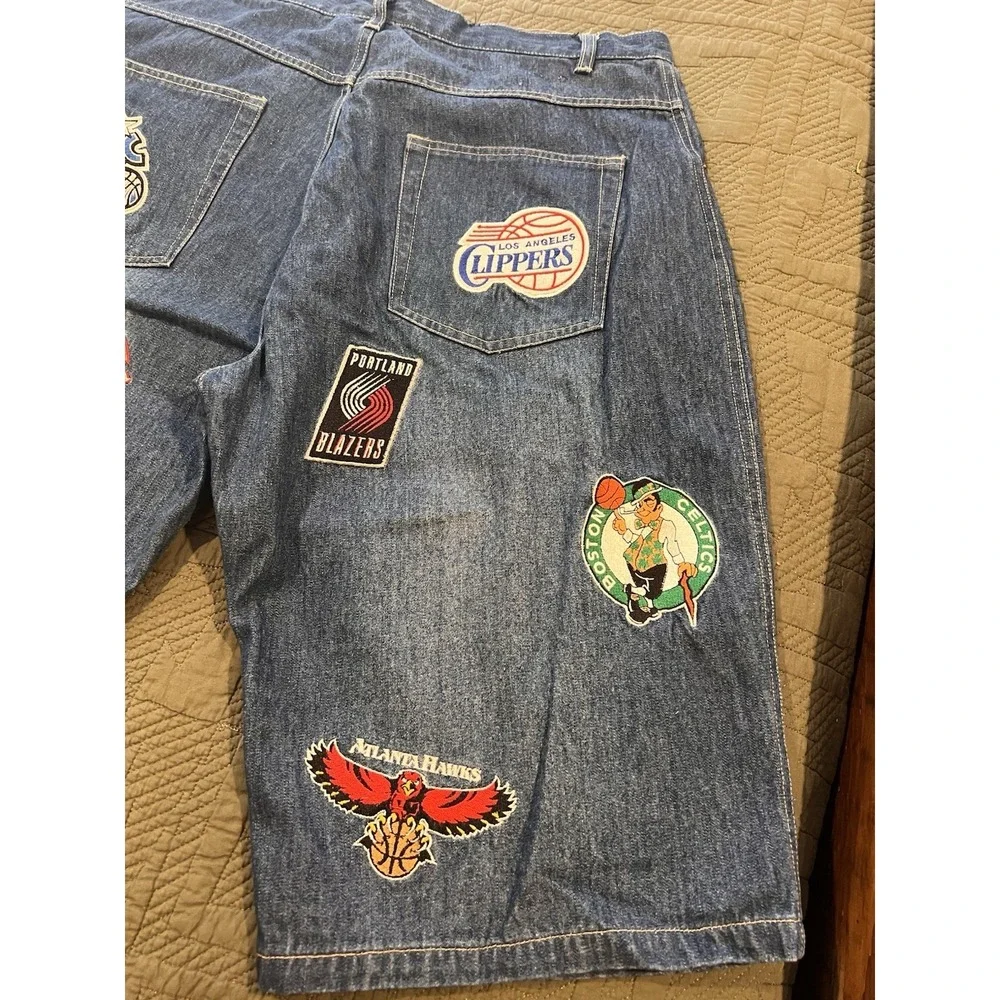 Unk NBA Blue Jean Shorts Vintage 90s Size 36 With 16 Team Patches - Picture 8 of 13